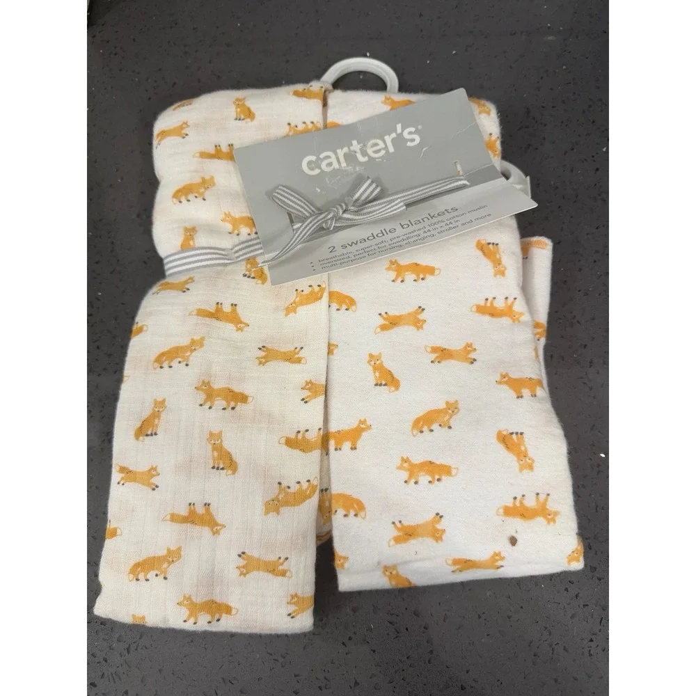 NEW Carter's Orange Fox Swaddle Blanket Blankets Set of 2 Muslin 44